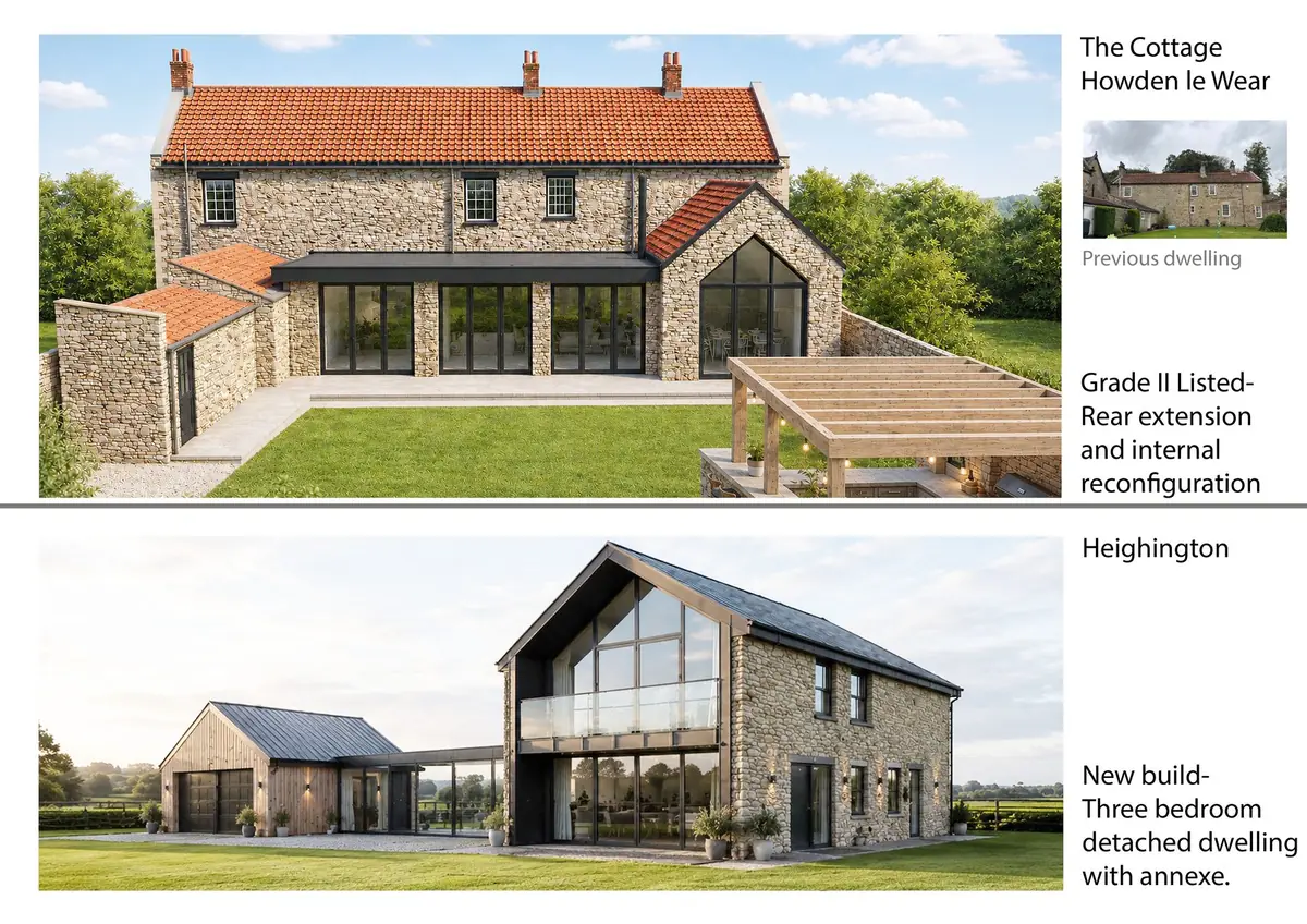 The Cottage, Howden-le-Wear (listed extension) and a new build home in Heighington